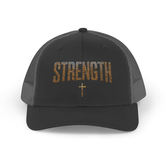 STRENGTH – Distressed Gold Trucker Cap ✝️💪
