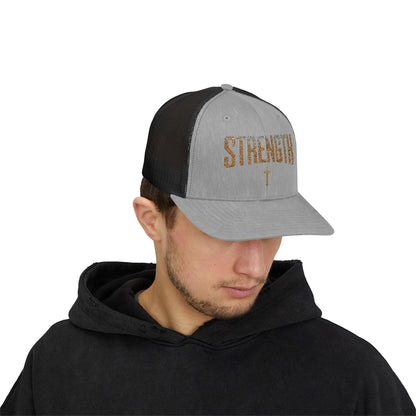 STRENGTH – Distressed Gold Trucker Cap ✝️💪