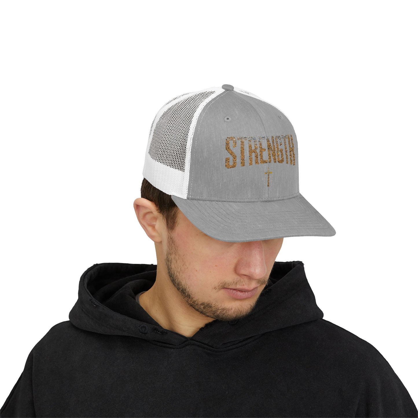 STRENGTH – Distressed Gold Trucker Cap ✝️💪