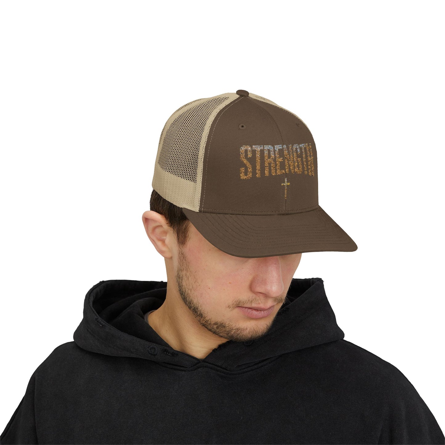 STRENGTH – Distressed Gold Trucker Cap ✝️💪