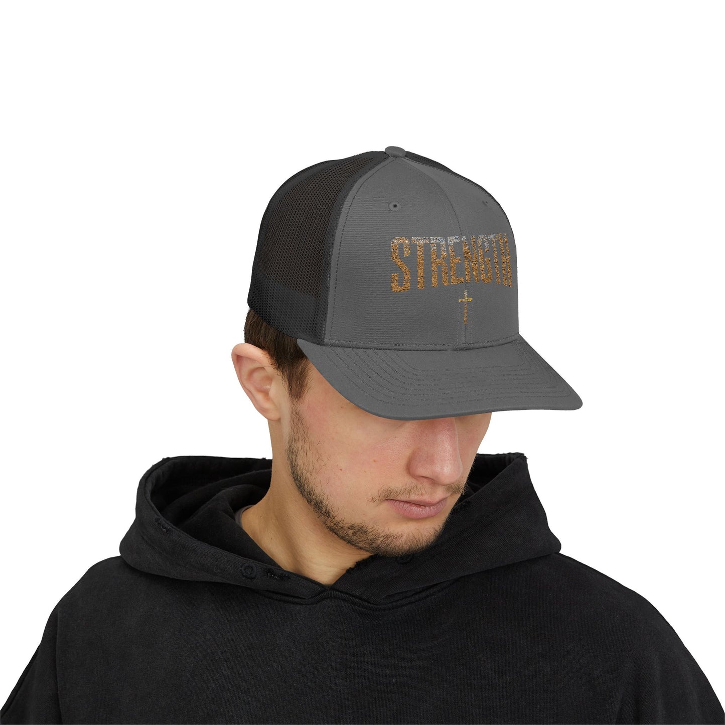 STRENGTH – Distressed Gold Trucker Cap ✝️💪