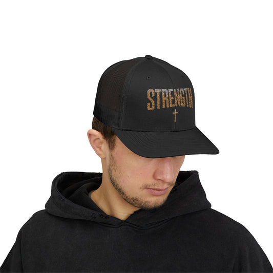 STRENGTH – Distressed Gold Trucker Cap ✝️💪