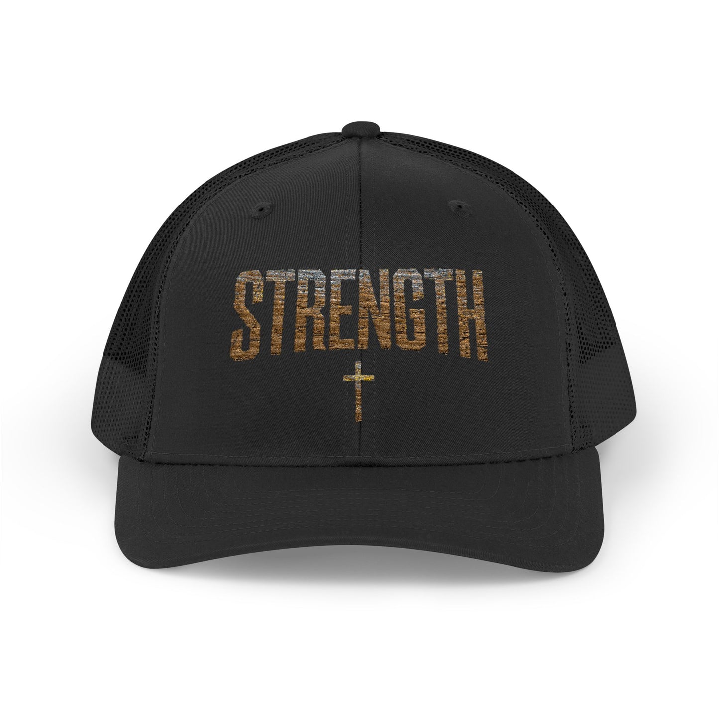STRENGTH – Distressed Gold Trucker Cap ✝️💪